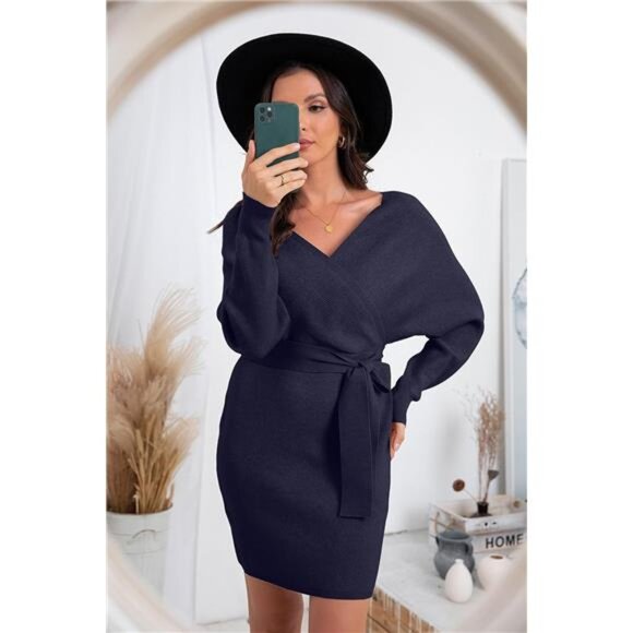 Women's V Neck Batwing Long Sleeve Sexy Navy Blue - Picture 4 of 5